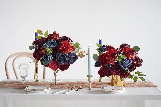 ponatia Artificial Flowers Wedding Flowers Combo for Silk Fake Flowers Roses for DIY Wedding Bouquets Burgundy Centerpieces Arrangements Party Bridal Baby Shower Home Decorations (Burgundy & Navy)