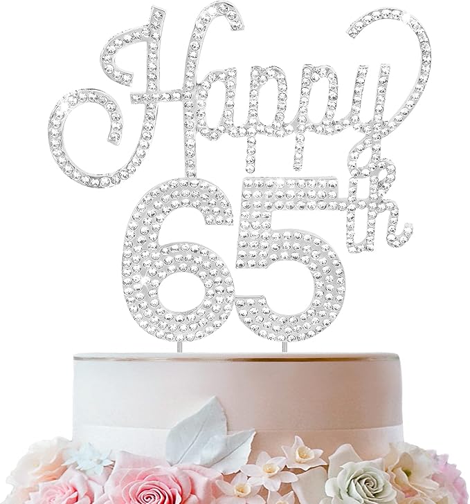 LINGTEER Happy 65th Birthday Silver Rhinestone Cake Topper - Cheers to 65th Birthday 65 Years Old Anniversary Party Cake Centerpieces Topper Decorations Gift Sign.