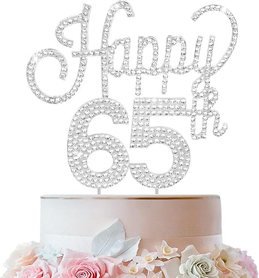 LINGTEER Happy 65th Birthday Silver Rhinestone Cake Topper - Cheers to 65th Birthday 65 Years Old Anniversary Party Cake Centerpieces Topper Decorations Gift Sign.