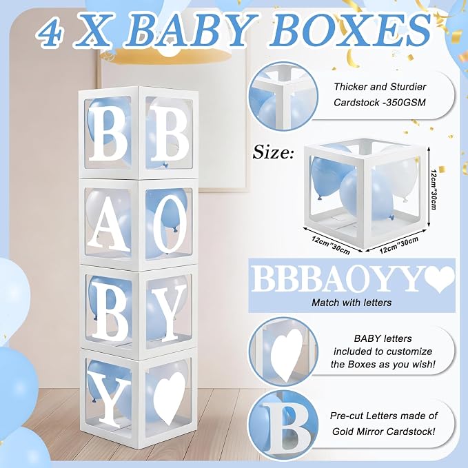 Gemscream 133 Pcs Baby Boy Shower Decorations Set, Burlap Banner, White Baby Boy Boxes, Light Blue Foil Curtains, Blue & White Garland, "Mom to Be" Sash & Balloon Arch Kit Gender Reveal Party Supplies