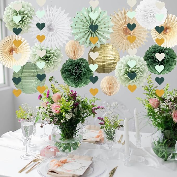 Sage Green Party Decorations Sage Green White Gold Party Decorations Paper Pom Poms Paper Fans Lanterns Sage Beige Gold Love Heart Garland for Birthday Baby Shower Wedding Bridal Shower Party Decor