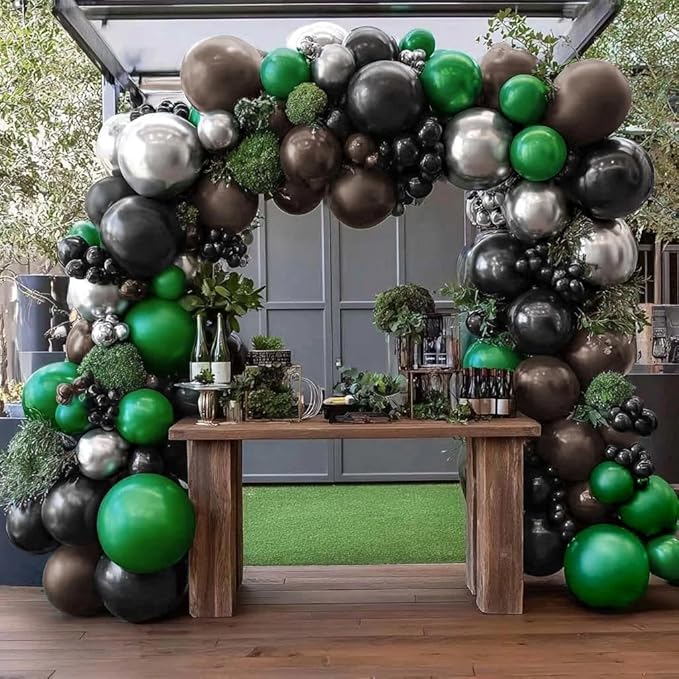 Black Green Balloon Arch Double Stuffed Latex Dark Green Brown Silver Balloon Garland for Camo Birthday New Year Hunting Jungle Boy Baby Shower Anniversary Prom Praty Decor