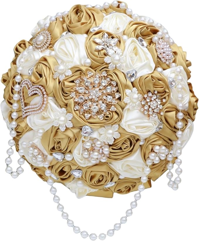 Ivory and Gold Bridal Wedding Bouquet with Rhinestone Brooch Pearl String Cascade Bouquet for Bride Bridesmaid Quinceanera Satin Rose Flower Bouquet Wedding Gold and Ivory 8.7in