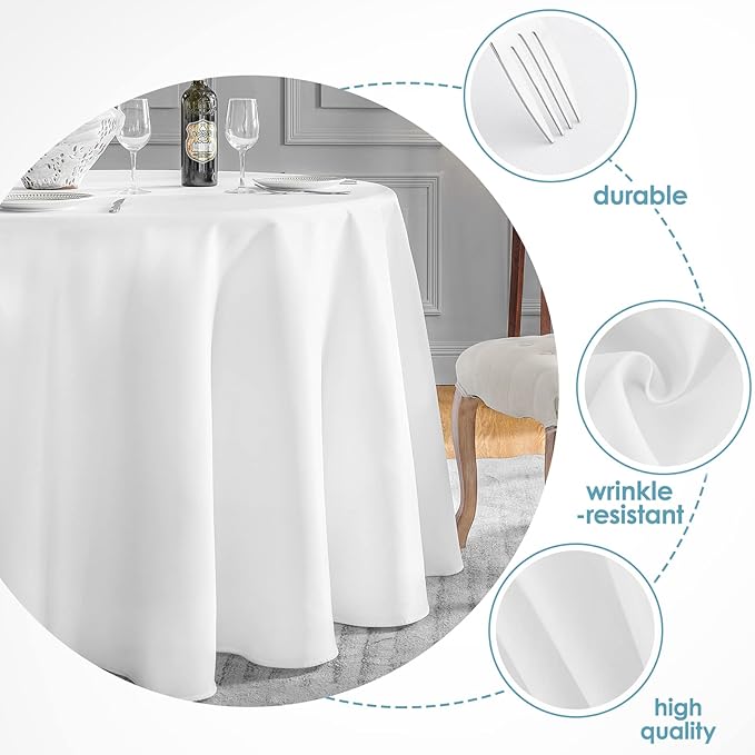 VidaFete 6 Pack 120inch Round Tablecloth Polyester Table Cloth, Stain Resistant and Wrinkle Polyester Dining Table Cover for Kitchen Dinning Party Wedding Rectangular Tabletop Buffet Decoration(White)