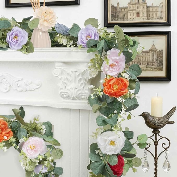 2Pcs(10FT) Artificial Eucalyptus Garlands with Rose Flowers, Faux Floral Greenery Garland Fake Flower Vines for Valentine's Day Wedding Table Arch Party Anniversary Backdrop Decor (Colorful)