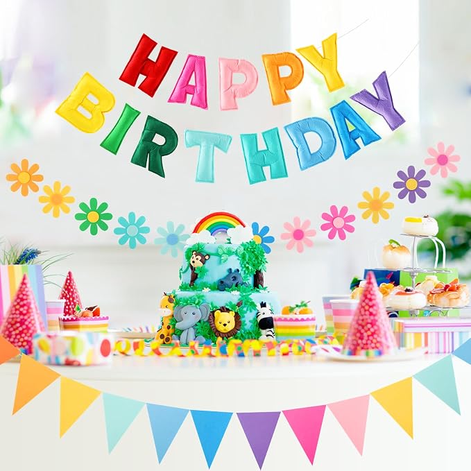 YEOCU Happy Birthday Decorations, No DIY, Pre-Strung 3D Banner | Rainbow, 3D felt banner, flower garland & flags. No DIY, reusable for kids & women.