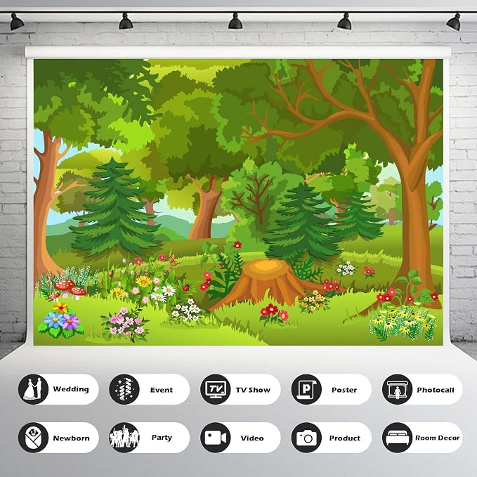 Cartoon Forest Backdrop Fairytale Jungle Forest with Flowers Mushroom Photography Background for Birthday Party Decorations Baby Shower Kids Game Portrait Photoshoot Photo Background Props 5x4ft