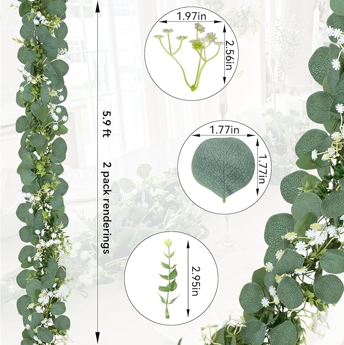 CQURE 4Pcs Eucalyptus Garland,Artificial Eucalyptus Leaves Table Greenery Garland Wreath Vines for Wedding Party Table Fireplace Bedroom Wall Room Decor