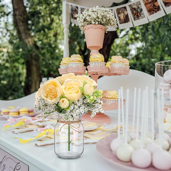 XunYee 10 Set Mason Jar Table Centerpiece with Flower Mason Jar Flower Centerpiece Vases Decor for Engagement Party Bridal Shower Wedding Reception Table Decor (Champagne,Peony, Gypsophila)