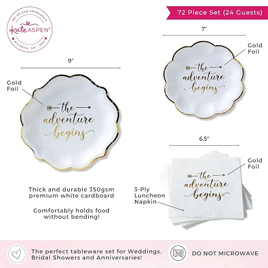 Kate Aspen The Adventure Begins Wedding Paper Plates and Napkins Set - 72 Piece Wedding Plates Disposable Party Tableware for 24 Guests - Bridal Shower Decorations, Engagement Party Decor
