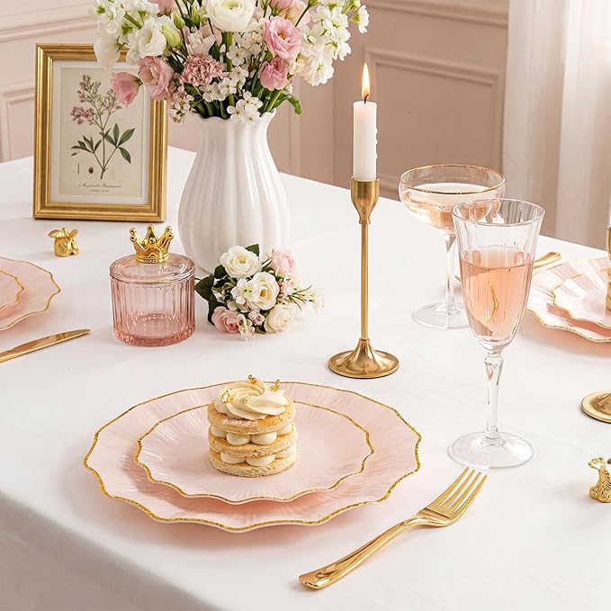 U-QE 150PCS Pink Plastic Plates for Party, Heavy Duty Pink Disposable Plates, Gold Dinnerware Set Include 30 Dinner Plates,30 Dessert Plates,30 Gold Plastic Silverware Set for Mothers Day, Party