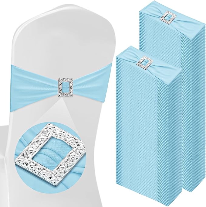 VitalCozy 150 Pcs Spandex Chair Sashes with Square Buckle Slider Stretch Chair Cover Band Universal Elastic Ties Straps Bows for Wedding Banquet Event Party Decoration(Blue)