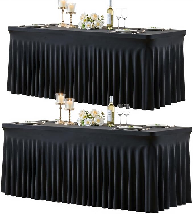 2 Pack Black Table Cloth for 8 Foot Rectangle Tables Spandex Fitted Tablecloth 8ft Stretch Table Covers Skirt Black Banquet Tablecloths Wrinkle Free Tablecloth for Party Wedding Birthday Event