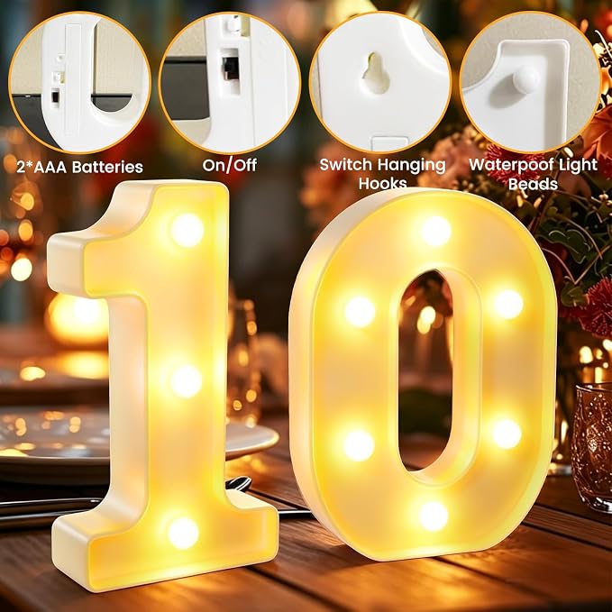 LED Light Up Number 10" Sign, Marquee Number Letter Light, Romantic Table Decoration for Valentine's Day Wedding Anniversary