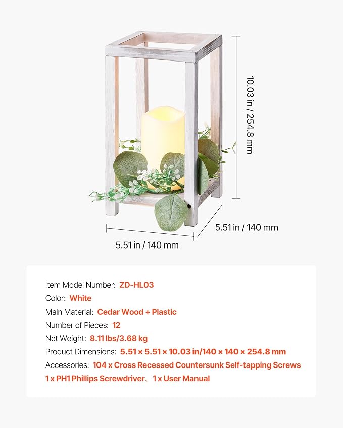 VEVOR 12 Set/36 Pcs Wooden Wedding Lantern Centerpiece, Includes 12 Wooden Lantern Candle Holder 12 Flameless LED Candle 12 Eucalyptus Leaves Wreath for Wedding Table Party Farmhouse Decor, White