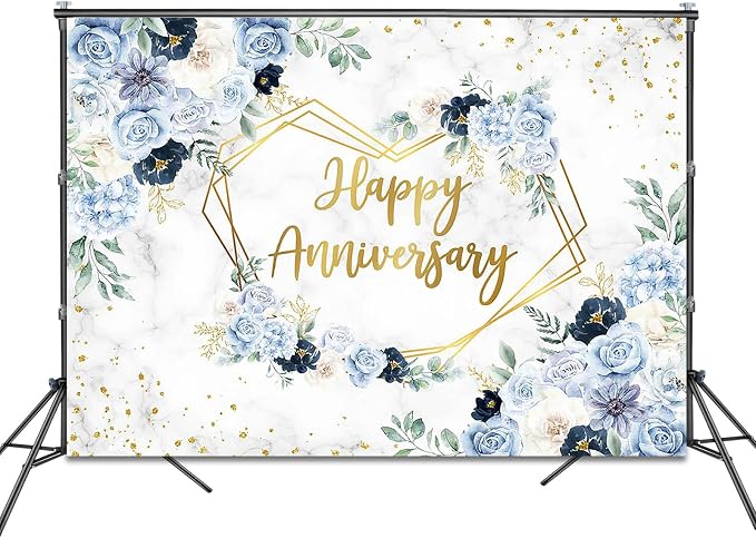 Happy Anniversary Backdrop 7x5ft Blue and White Flowers Wedding Anniversary Party Decorations Background Bridal Shower Engagement Banner Photo Booth Props