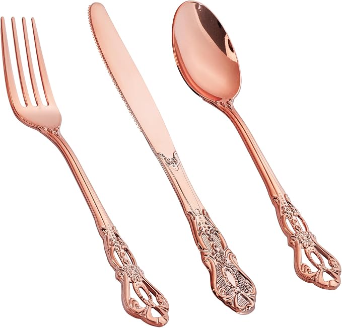 300PCS Rose Gold Plastic Silverware - Heavy Duty Elegant Disposable Utensils - Vintage Rose Gold Cutlery Set Includes 100 Forks, 100 Spoons, 100 Knives for Dinner Parties Weddings