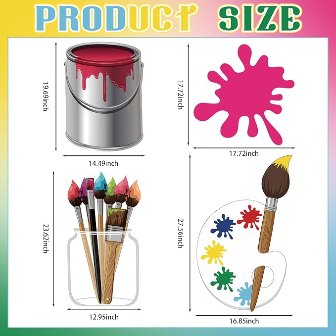 4 Pcs Large Paint Party Decorations - Colorful Art Cardboard Cutouts for Back to School Art Classroom Decor, Paint Can Palette Brush Cutouts for Birthday Baby Shower Craft Photo Props