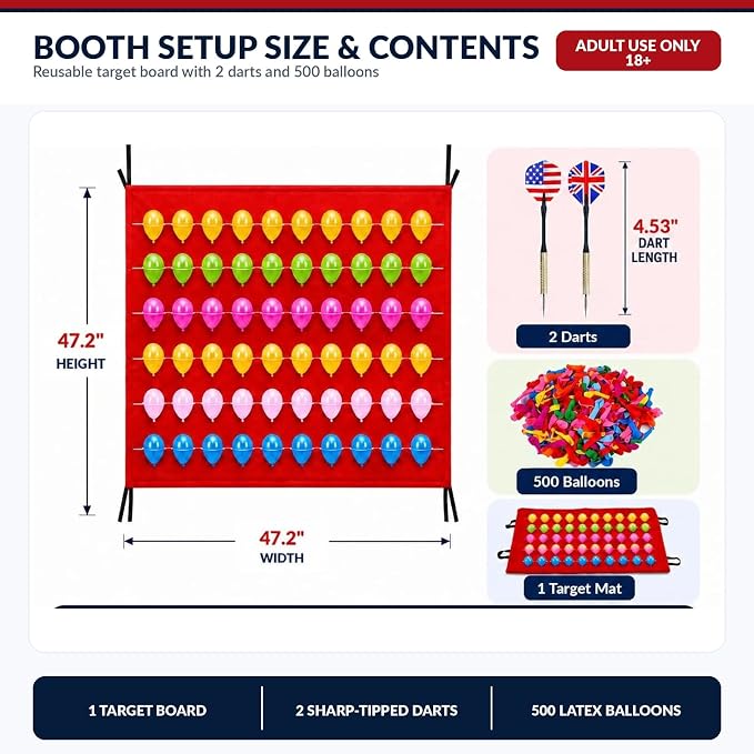 Balloon Dart Board, Carnival Fair Balloon Pop Game, Balloon Dart Game Board Set with 2 Darts & 500 Balloons, Classic Target Game for Birthday Parties, Carnivals (Straight)
