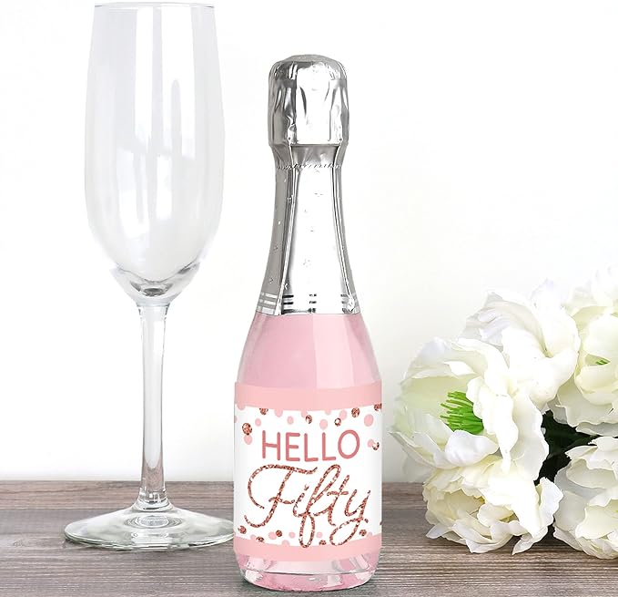 Big Dot of Happiness 50th Pink Rose Gold Birthday - Mini Wine and Champagne Bottle Label Stickers - Happy Birthday Party Favor Gift for Women and Men - Set of 16