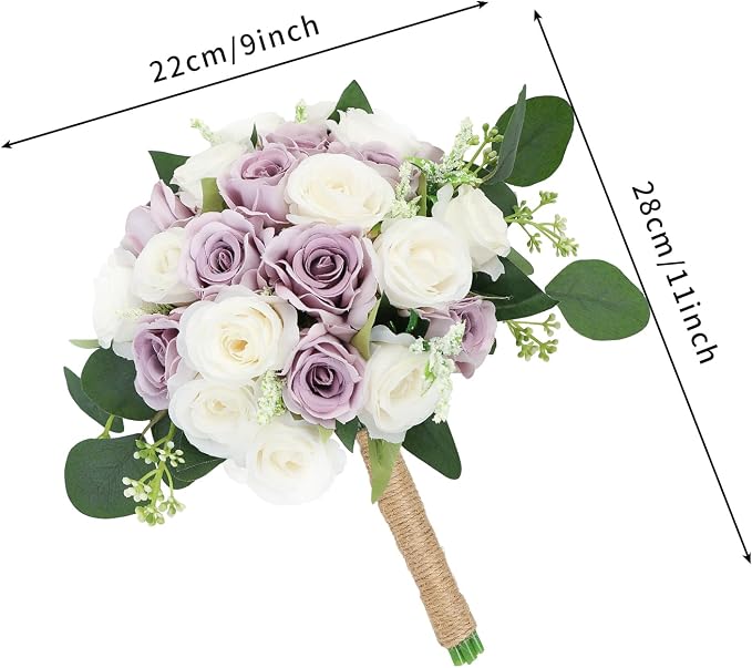Set of 6 Bridesmaid Bouquets for Wedding - 7 Inch Artificial Ivory Flower Bouquet for Party Ceremony Anniversary Dinning Table Centerpieces Decor - Lilac & White