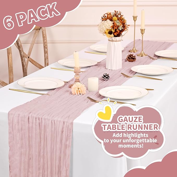 6 Pack Dusty Pink Cheesecloth Table Runner, Long Romantic Semi Sheer Rustic Boho Gauze Table Runners for Wedding Bridal Shower Birthday Party Decorations(17.7×108 Inch)
