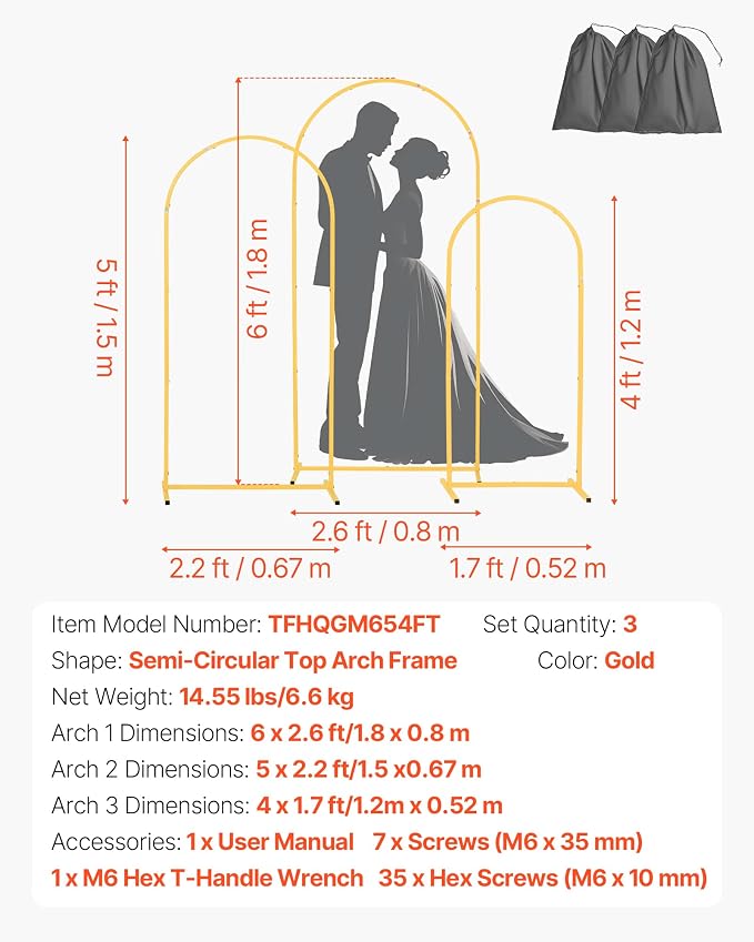 VEVOR Arch Backdrop Stand, Set of 3, 6/5/4 ft, Stable Structure, Easy Assembly, Gold Metal Arch Backdrop Stand for Wedding, Birthday Party, Graduation, Holiday Celebration, and Ceremony Decoration