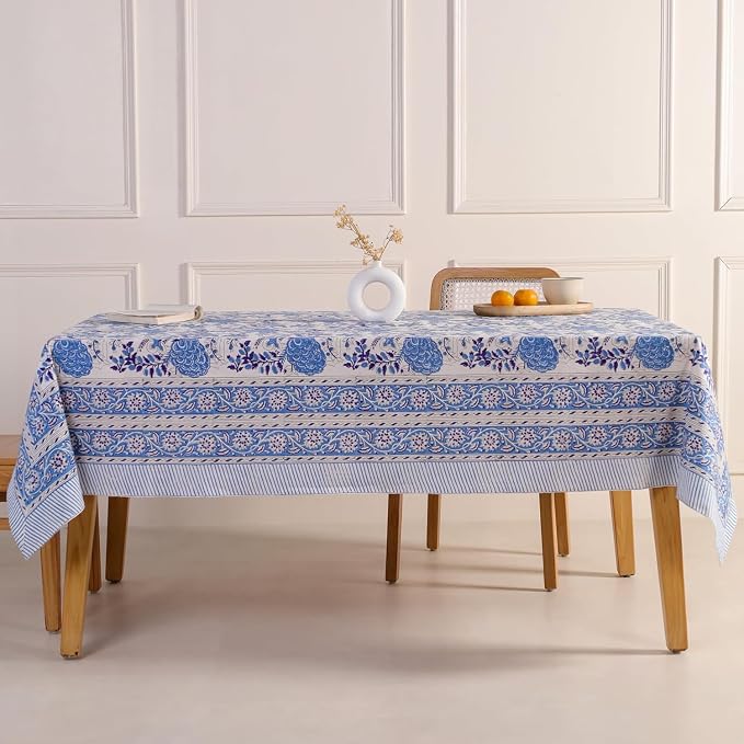 Hand Block Printed Tablecloth, Colorful Floral Print, Indian Artisan Handmade Art, Dining Room, Kitchen, Outdoor Décor, (Bluebell Delight, 14 Seater 72 x 160 Inches Rectangle)