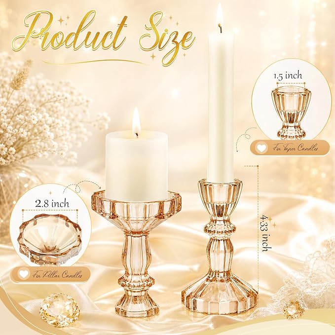 Sieral 24 Pcs Amber Taper Candle Holders 4'' Tall Candlestick Glass Holders Bulk Stripe Decorative Stand Wedding Stick Holder for Anniversary Party Dining Table Festival Decor