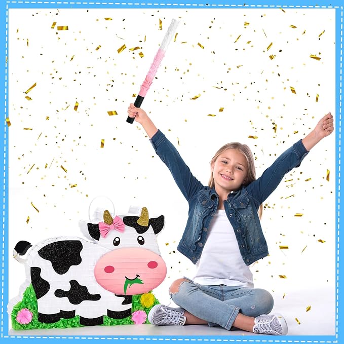 WERNNSAI Dairy Cow Piñata - Farm Animal Party Game Cow Piñata for Girls Birthday Party Decorations Kids Happy Party Favor Supplies with Bat Blindfold, Farm Theme Candy Toys Filler