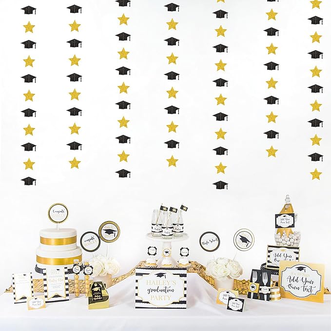 Black-Gold Graduation-2026 Class Party-Decorations Garland - Congrats Grad Hat Star Banner Streamers,Senior High School Night College Congratulations Decor Supplies Ouruola