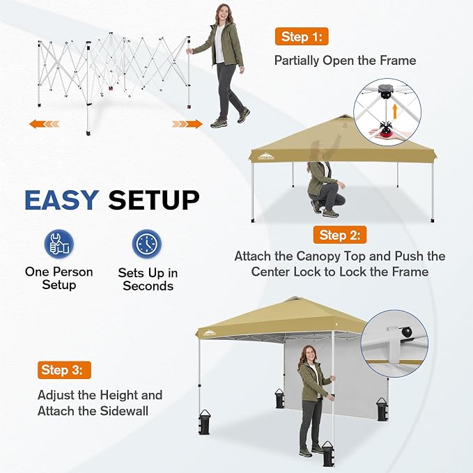 EAGLE PEAK Commercial Canopy 10x10 Pop Up Canopy Tent with 1 Sidewall, Easy Setup Heavy Duty Instant Event Shelter for Vendors & Markets, Outdoor Sun Shade, Beige