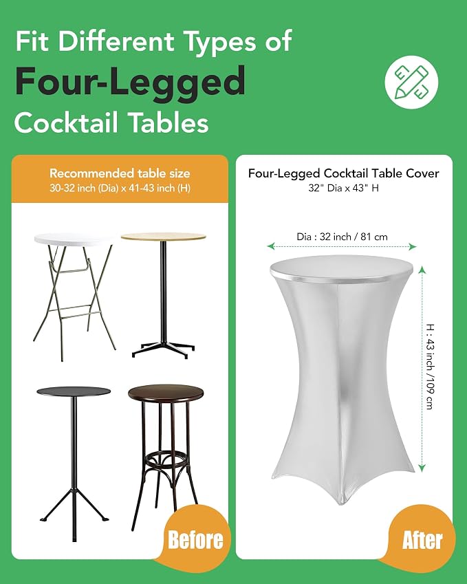 Cocktail High Top Table Covers - 32x43 Inch Fitted Spandex Round Cocktail Tablecloth for Bar Height Standing Table Cloths Reusable, for Party Wedding Banquet Event Decorations, Shiny White, 8 Pack