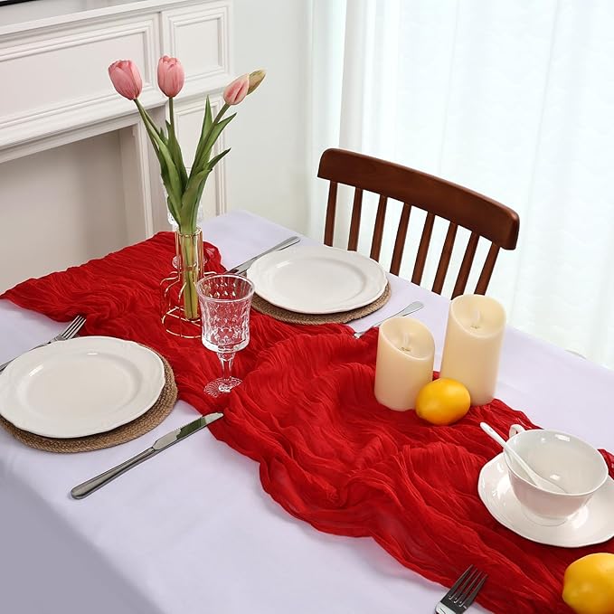 16 Pack Red Cheesecloth Table Runner 10ft Boho Gauze Fabric 120 Inch Cheese Cloth Table Runner Rustic Sheer for Holiday Baby Shower Party Décor Home Wedding Decoration