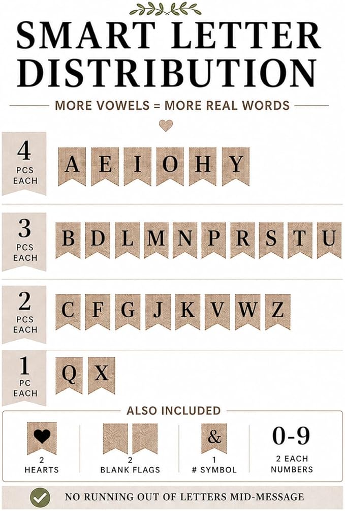 Pre-Printed Banner Kit – 97 BURLAP Flags with BLACK Letters, Numbers & Symbols, Reusable DIY Custom Banner, Make Your Own Personalized Banner for Aesthetic Party Decor, Natural Linen-Look Burlap, Includes Twine & Needles