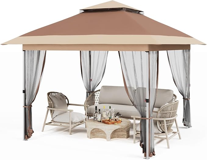 GarveeLife 10x10 Canopy Tent, Pop Up Gazebo Tent with Mosquito Netting, Outdoor Canopy with 4 Sandbags & Wheeled Bag & Height Adjustable, Pop Up Gazebo for Patio Garden Backyard Lawn Deck