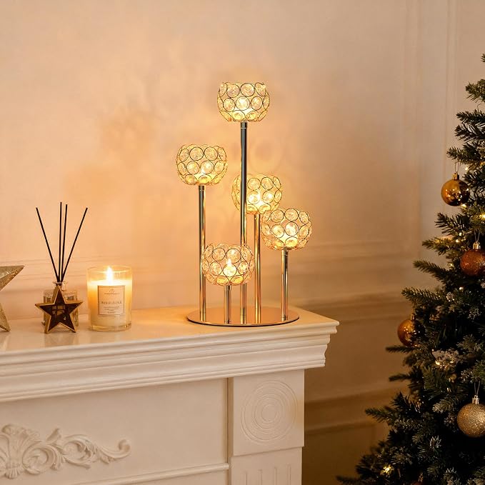 5-Arm Crystal Tealight Candelabra Centerpiece, 14.8 Inch Metal Candle Holder for Table Decor, Wedding, Christmas, Party, Anniversary & Home Decoration (1, Gold, S-14.8 in)