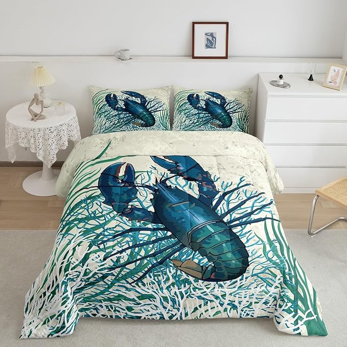 Feelyou Lobster Print Comforter Set Queen Size Kids Ocean Creature Comforter for Boys Girls Teens Marine Theme Bedding Set Underwater Animal Pattern Duvet Set Nature Pattern Quilt