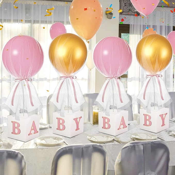 6 Set 24'' Pink Gold Tulle Tutu Balloon with Letter Boxes Princess Baby Shower Table Centerpiece Decor for Gender Reveal Latex Balloon White Tulle Cover with Stand Box for Girl Wedding Birthday Party