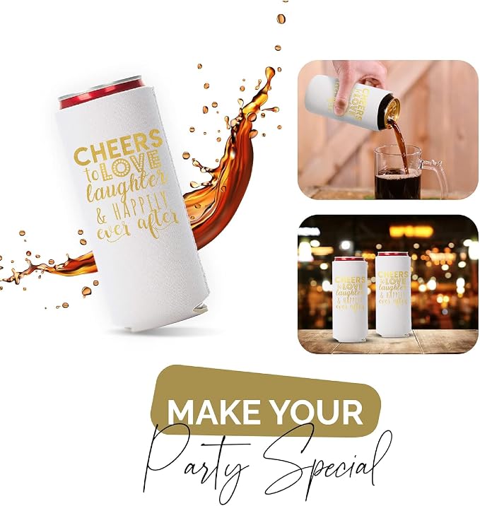 Wedding Can Cooler Decorations Set of 12 - Cheers to Love Laughter and Happily Ever After, Wedding Rehearsal Dinner Decorations - Bridal Showers, Engagement Party Favors for Guests and Supplies