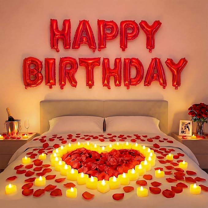 Red Happy Birthday Balloons Decorations Happy Birthday Letter Balloons Banner Set with 24pcs Heart Flameless LED Candles and 2000pcs Artificial Rose Petals for Women Men Room Party Decor