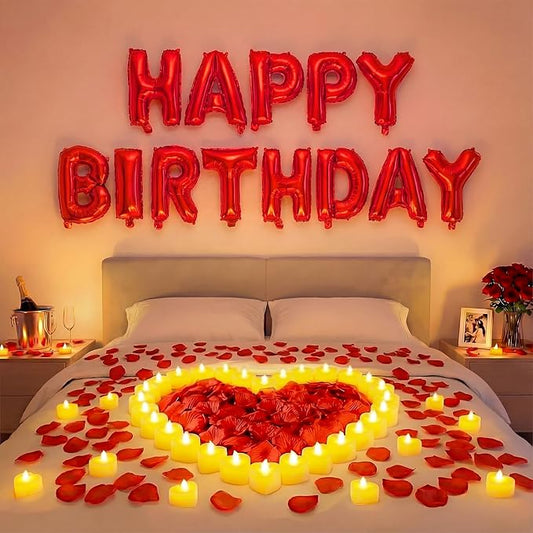 Red Happy Birthday Balloons Decorations Happy Birthday Letter Balloons Banner Set with 24pcs Heart Flameless LED Candles and 2000pcs Artificial Rose Petals for Women Men Room Party Decor