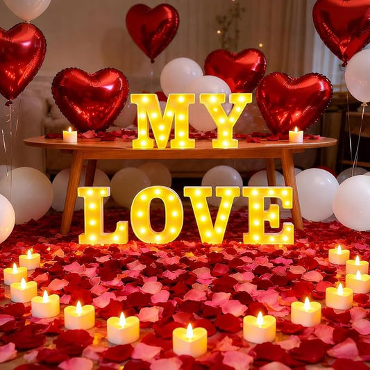 MY LOVE Light up Letters, Include Tea Lights Candles, Latex Balloons, Aluminum Balloons and Rose Petals, Special Festival, Surprise Gifts for Women and Men