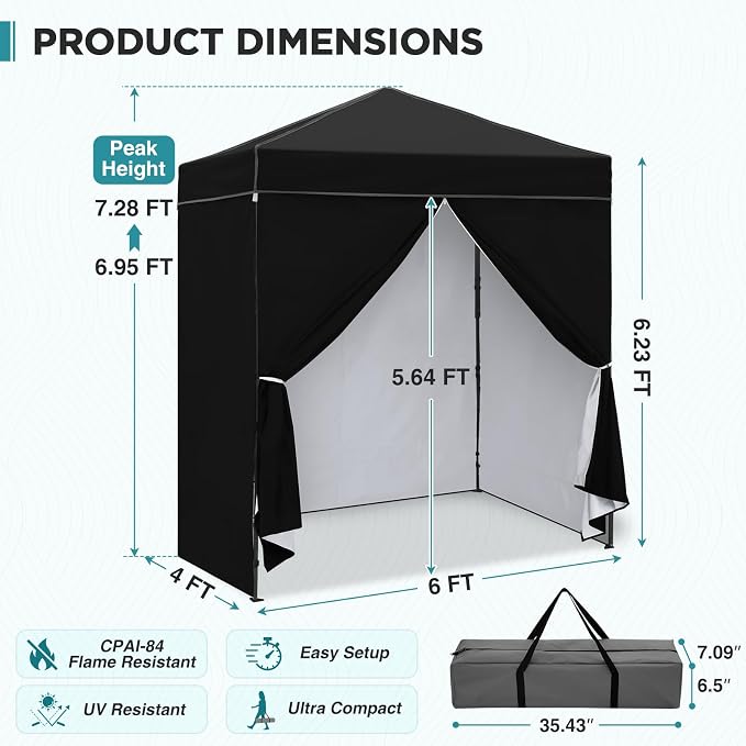 EAGLE PEAK 6x4 Instant Pop Up Canopy Tent with 4 Side Wall Panels, Straight Leg Sun Shelter, Portable Canopy with Carry Bag for Camping, Beach & Sports, Black