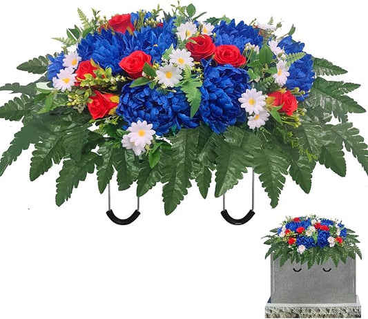 Headstone Flowers – Artificial Cemetery Flowers for Grave, Artificial Blue Roses and Chrysanthemums Mixed - Easy to Install Cemetery Flowers for Grave Saddle