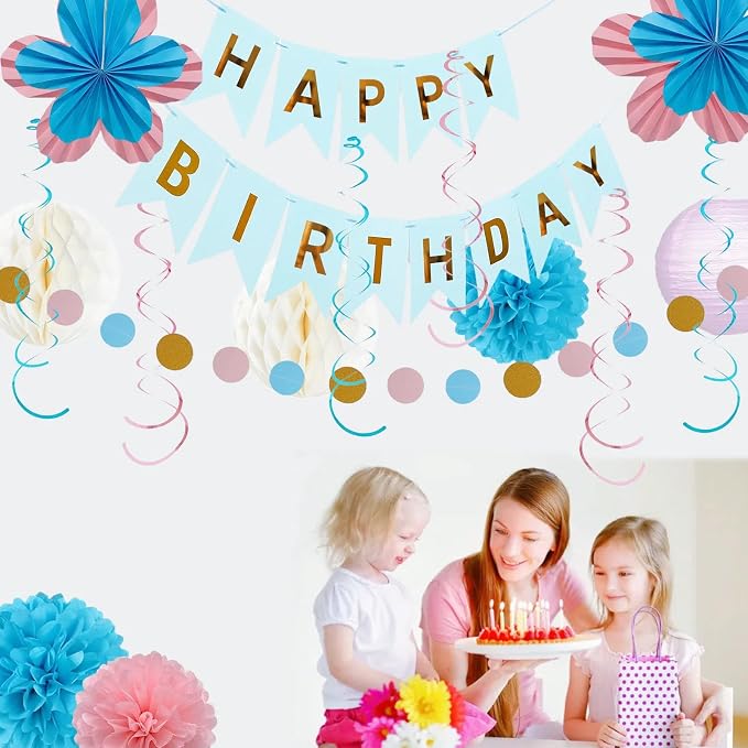 Birthday Party Decorations Kit Blue Pink & Gold, Happy Birthday Banner Garland Paper Pompoms, Flower Fans, Honeycom Ball , Lantern, Hanging Swirls, 20pcs