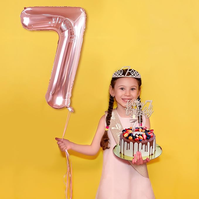 7th Birthday Decorations for Girls, Including 7th Birthday Sash and Tiara, Cake Topper and Candle, Number Balloon, 7 Year Old Girl Gifts