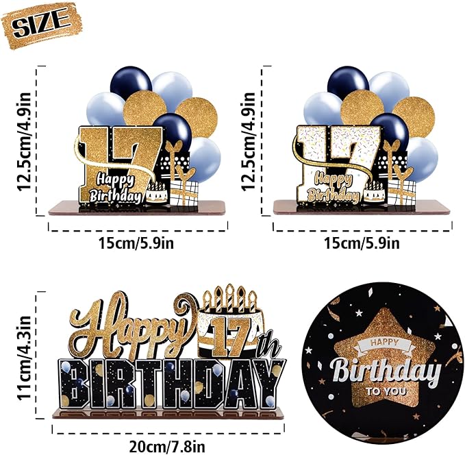 LINGTEER Happy 17th Birthday Gold Acrylic Table Topper Centerpieces Set - Cheers to Seventeen Years Old Birthday 17th Bday Party Gift Decorations.