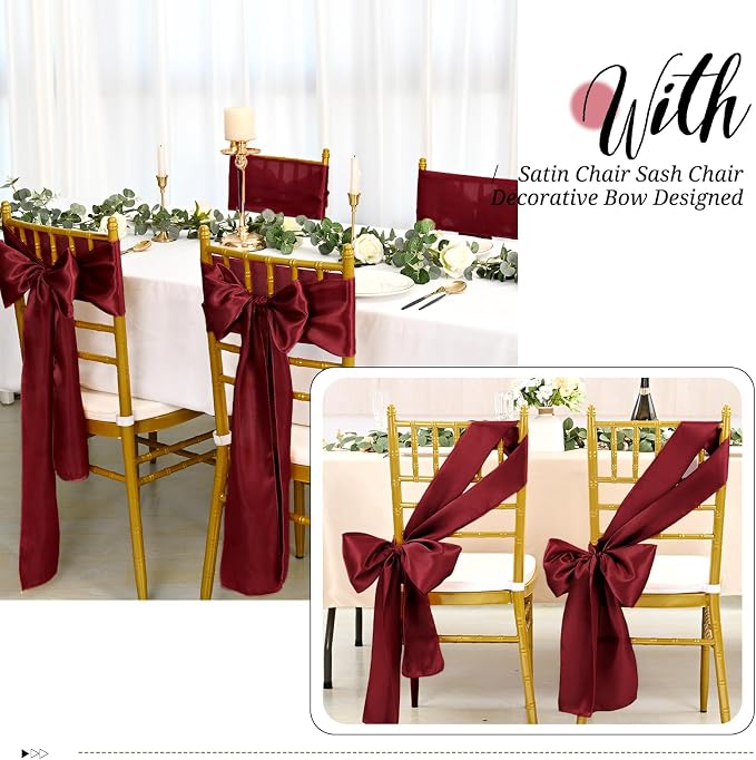 Pesonlook 60 PCS Burgundy Satin Chair Sashes Bows Satin Sashes Universal Chair Cover for Wedding Reception Restaurant Event Decoration Banquet,Party,Hotel Event Decorations (7 x 108 inch)