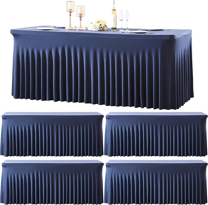 4 Pack 8ft Navy Blue Spandex Table Cloths for Rectangle Tables Wrinkle Free Rectangle Tablecloths, Stretch Fitted Table Cover with Skirt for Birthday Party Wedding Banquet Baby Shower Buffet Event